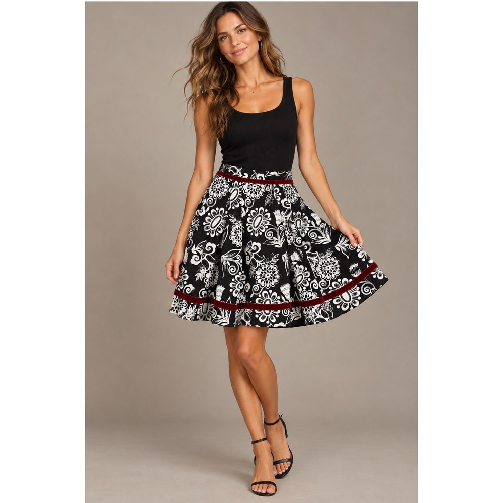 DownEast Basics Skirt S Black Floral A-Line Pleated‎ Velvet Trim Mod Whimsygoth
